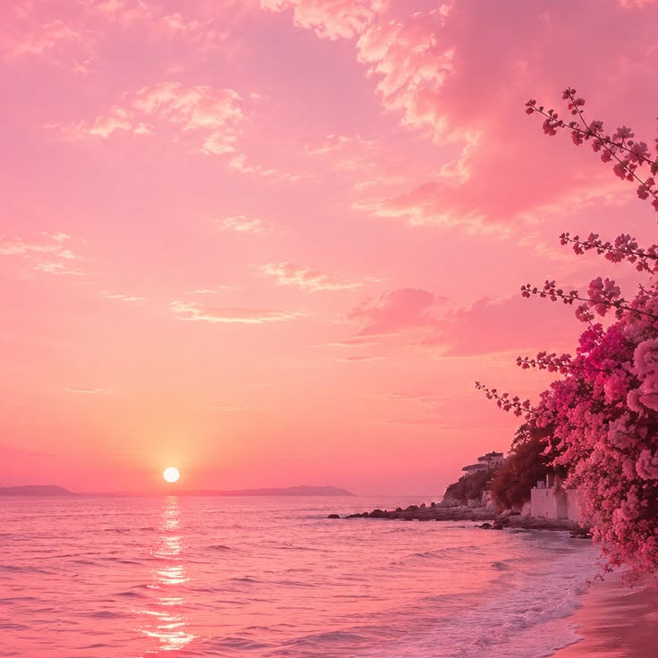 Pink sunset beach scene with gentle waves, a glowing sun on the horizon, dramatic pink clouds, and flowering branches along the right side of the shore.