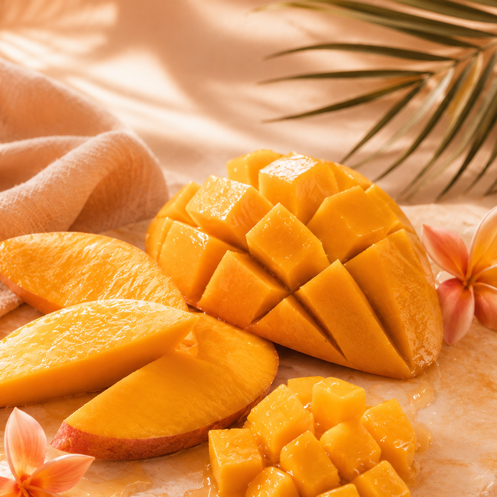 Freshly sliced and cubed mango fruit arranged on a stone serving board with honey drizzle, pink flowers, and a beige cloth in a warm tropical setting.