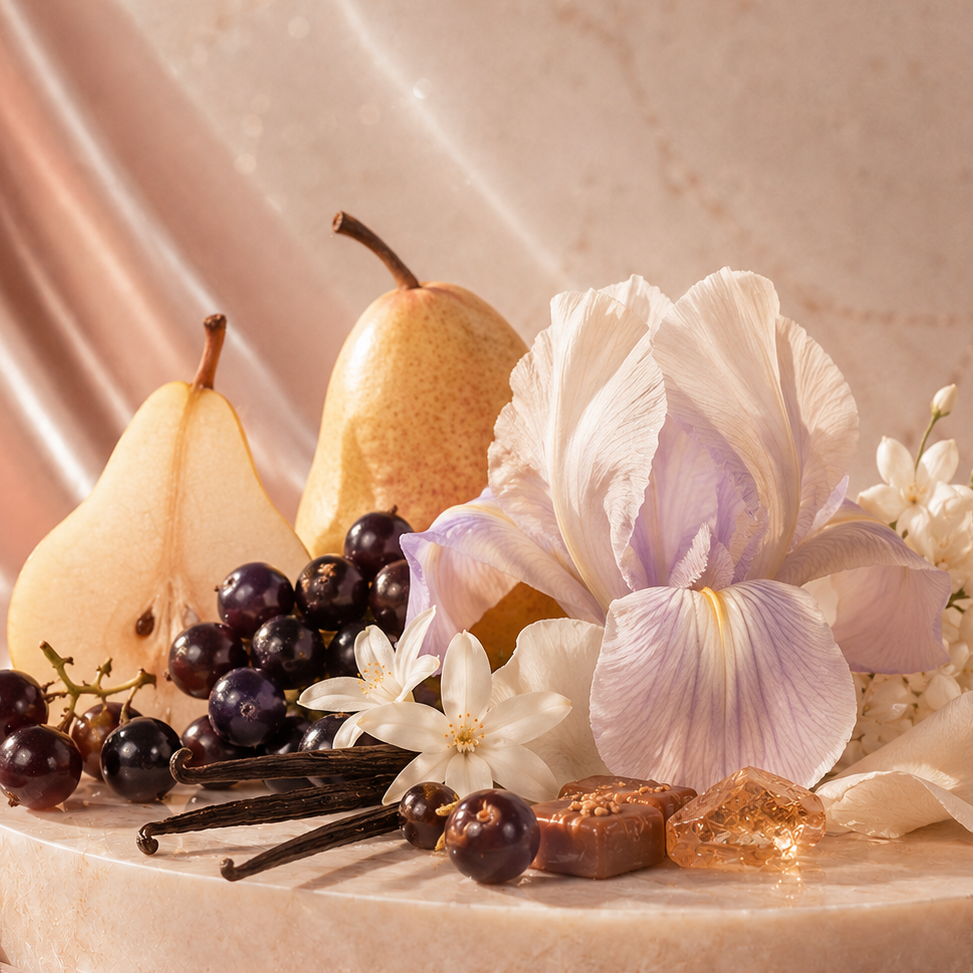 A styled still life arrangement on a round stone platter, featuring a large pale lavender iris flower, a yellow pear, dark purple grapes, white blossoms, vanilla beans, and small amber-colored chocolates, set against draped blush satin fabric.